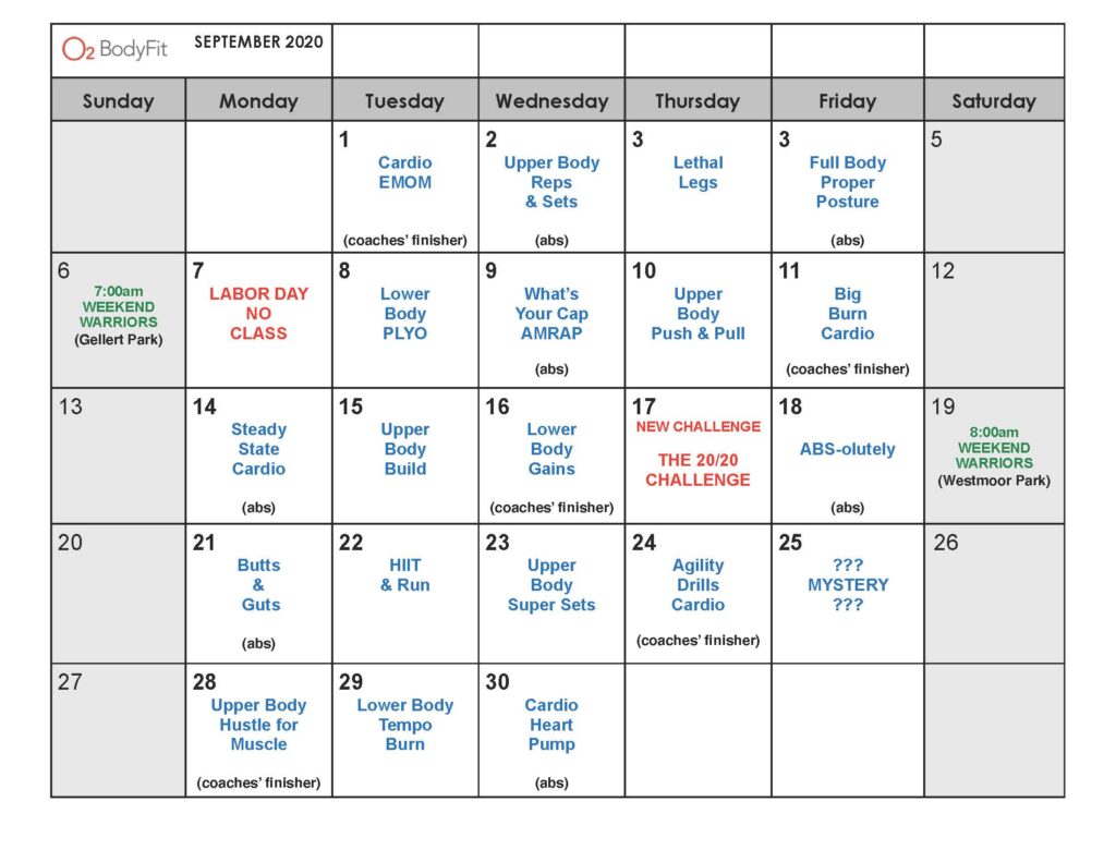 Monthly Boot Camp Calendar O2 BodyFit