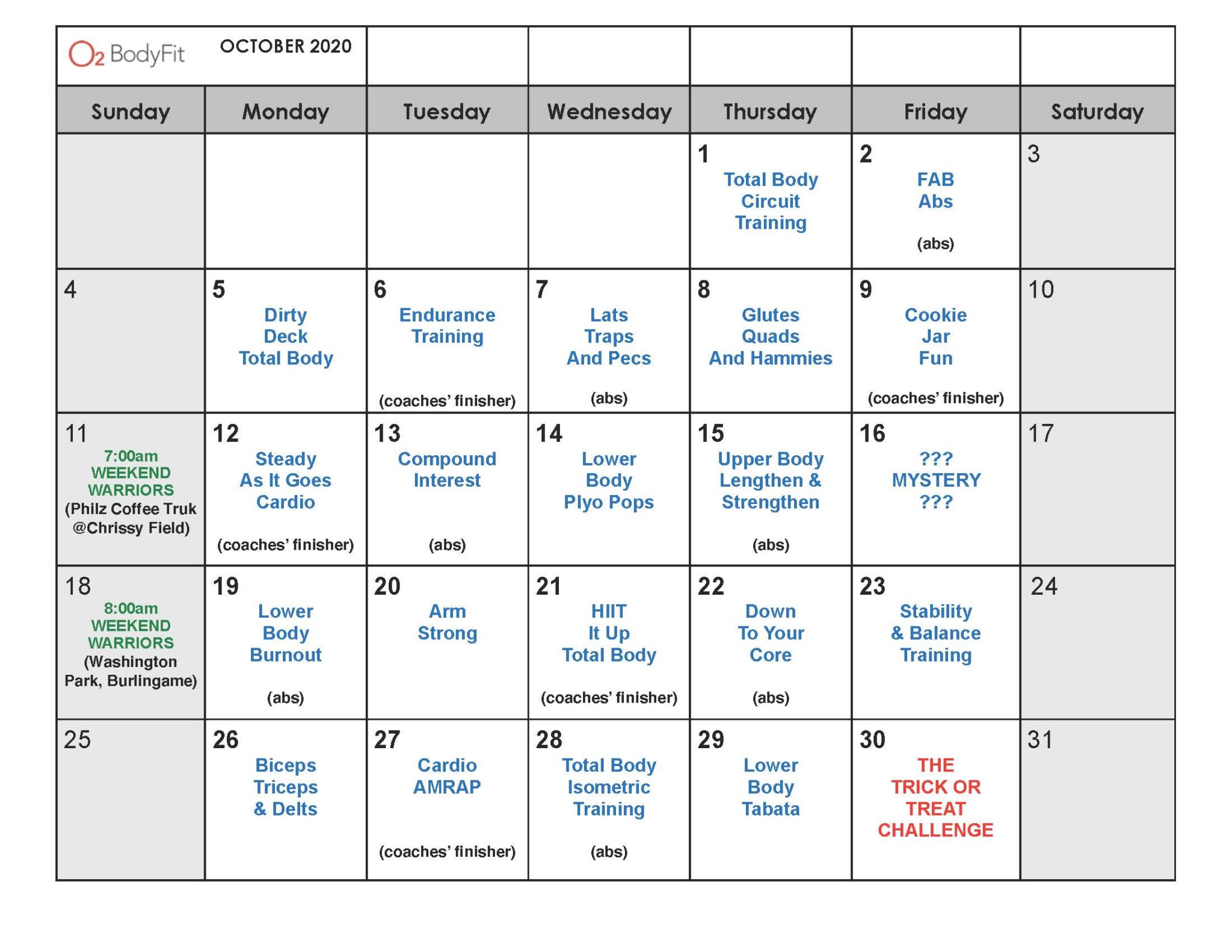 Monthly Boot Camp Calendar O2 BodyFit