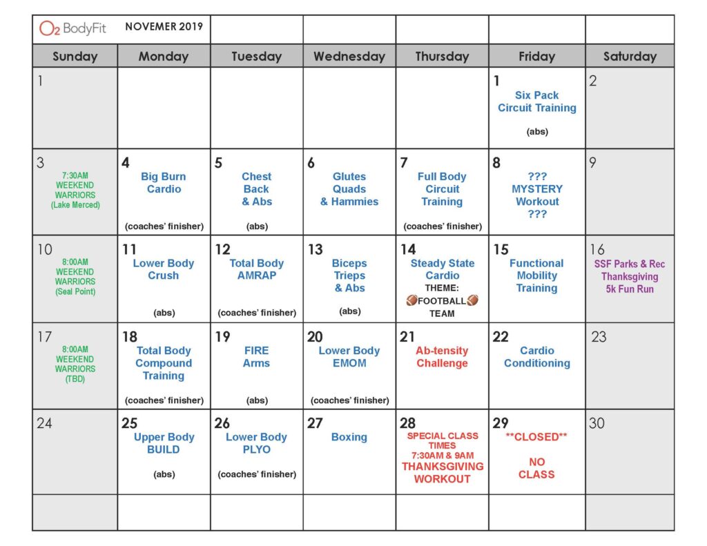 Monthly Boot Camp Calendar – O2 BodyFit