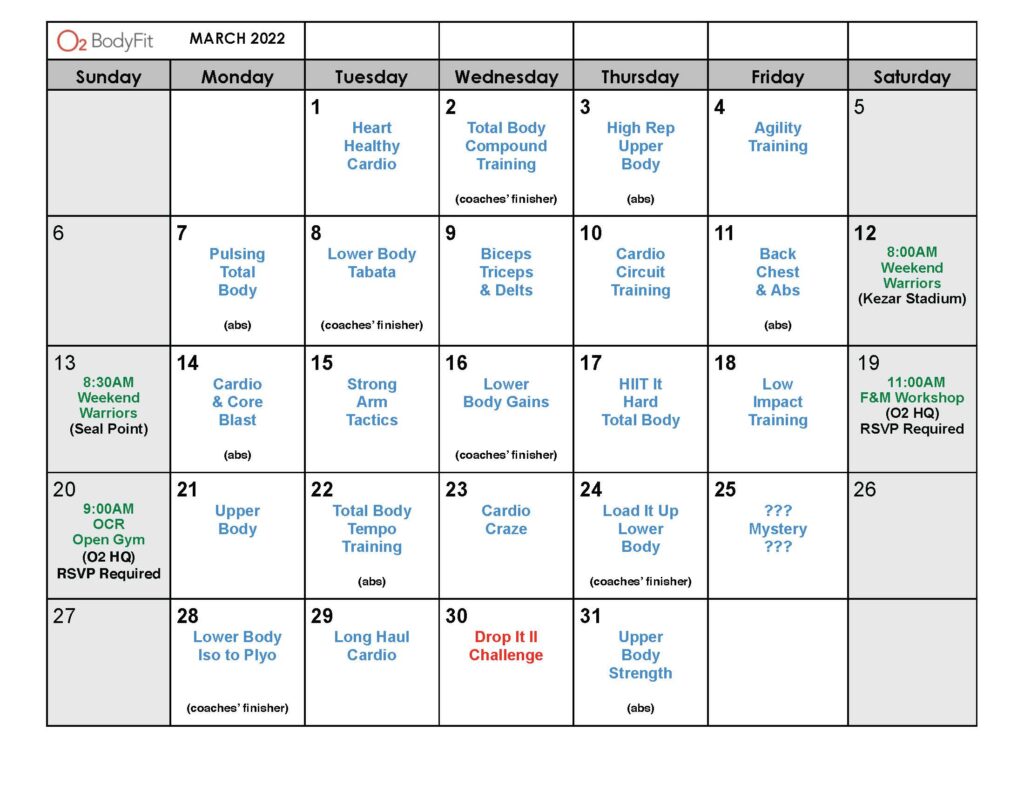 Monthly Boot Camp Calendar – O2 BodyFit