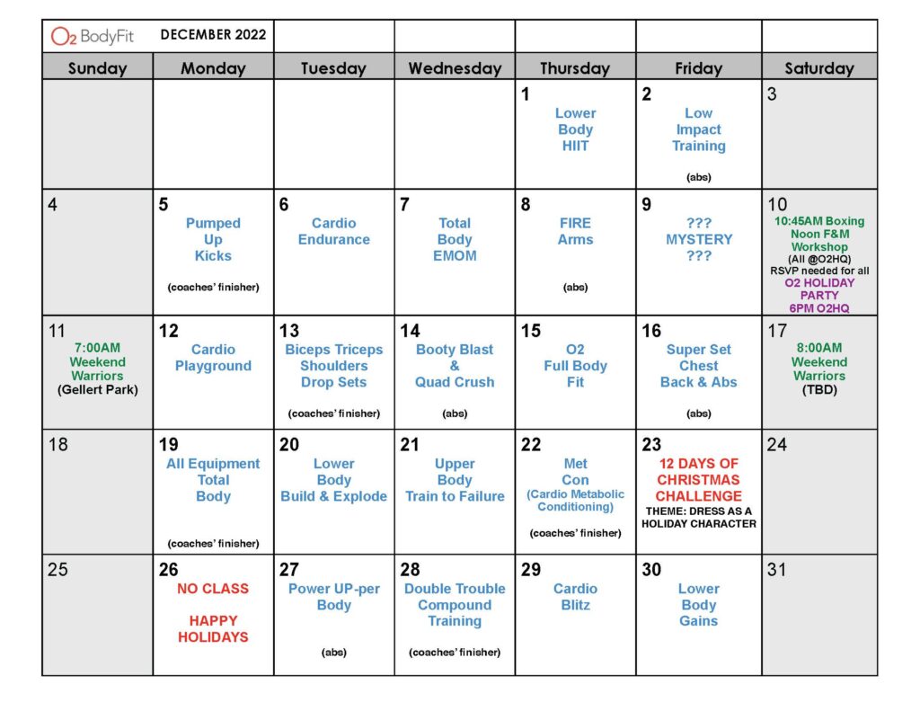 Monthly Boot Camp Calendar – O2 Bodyfit