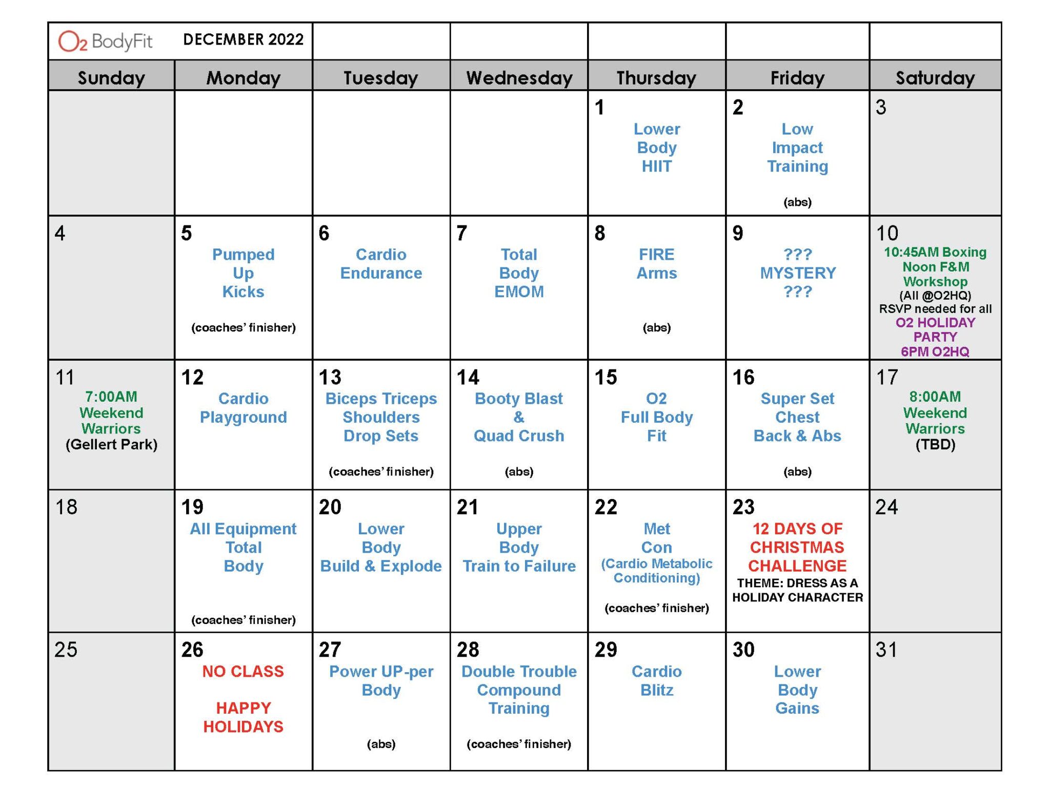 Monthly Boot Camp Calendar O2 BodyFit